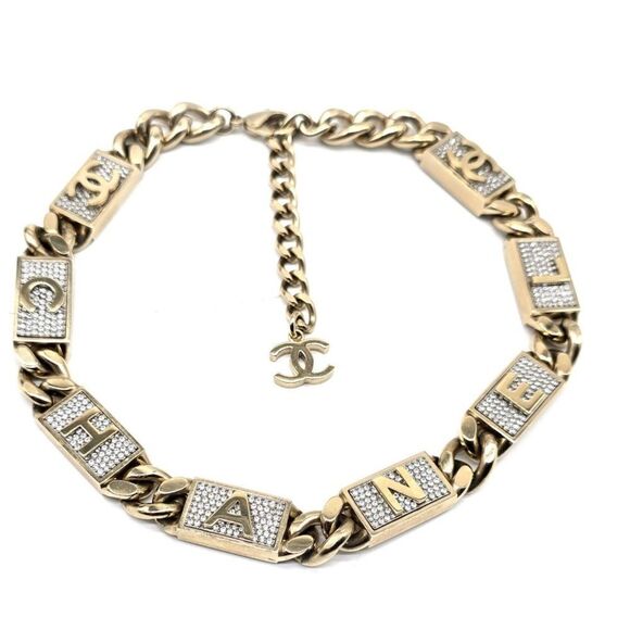 Chanel Crystal Logo Gold Chain Choker Necklace - Picture 1 of 5